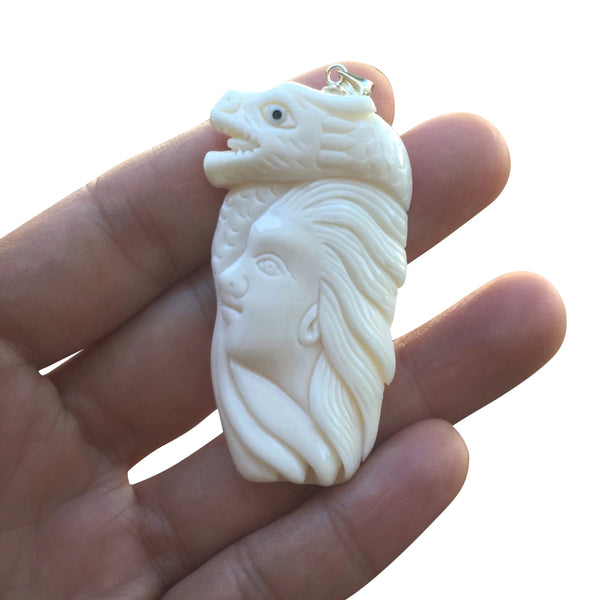 1pc Beautiful Dragon Hero Hand Carved White Buffalo Bone Drop Pendant, Symbol of Strength Prosperity Pendant, with Sterling Silver Bail, 2 Inch, BP-62