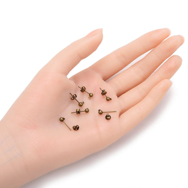 40pcs Ball Earring Posts, Closed Ring, with 40pcs Earring Backs, Antique Bronze Plated Brass, Ball Size Selections: 3mm/3.5mm/4mm/5mm
