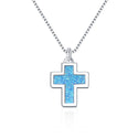 1pc Natural Druzy Crystal Pendant Necklace, Aquamarine Blue Cross Small Gemstone Pendant, 18 inch Stainless Steel Surgical Chain, GGP19-3