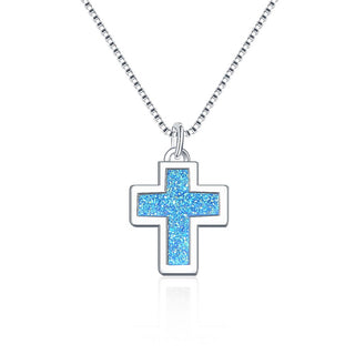 1pc Natural Druzy Crystal Pendant Necklace, Aquamarine Blue Cross Small Gemstone Pendant, 18 inch Stainless Steel Surgical Chain, GGP19-3