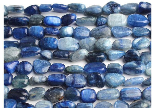 Natural Kyanite Blue Crystals Gemstone Oval Tumbled Pebble Beads, Irregular, 6mm to 8mm, Hole ID 1mm, 15 Inch/1 Strand, GZ11-38