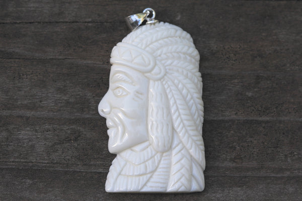 1pc Beautiful Indian Chief Hand Carved White Buffalo Bone Drop Pendant, Symbol of Strength Prosperity Pendant, with Sterling Silver Bail, 1.57 Inch, BP-63
