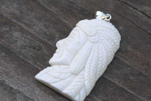 1pc Beautiful Indian Chief Hand Carved White Buffalo Bone Drop Pendant, Symbol of Strength Prosperity Pendant, with Sterling Silver Bail, 1.57 Inch, BP-63