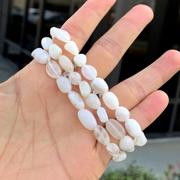1 Strand Stretch Natural Blue Flash Moonstone Free Form Gemstone Bracelet, 7-10mm Beads, Length Selections: 7 inch/7.5 inch