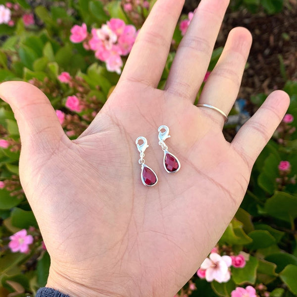 2pcs Clip On Dangle July Ruby Red Birthstone Charm Drops, Tarnish Resistant, Sterling Silver Plated Lobster Clasp, BL7-7
