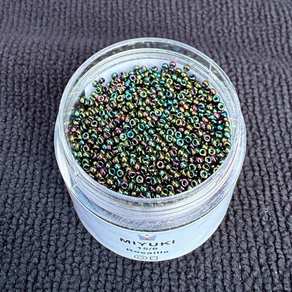 25g Miyuki Rocaille 15/0 Round Seed Beads Metallic Iris Forest Green RR-453