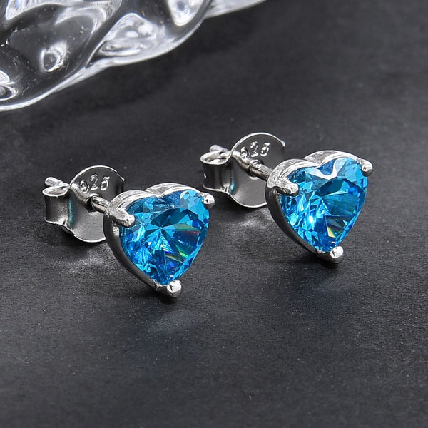 1 Pair 925 Sterling Silver December Love Heart Birthstone Stud Earrings, 6mm/0.84 Carat Cubic Zirconia CZ Blue Zircon Stone, SSE79-12