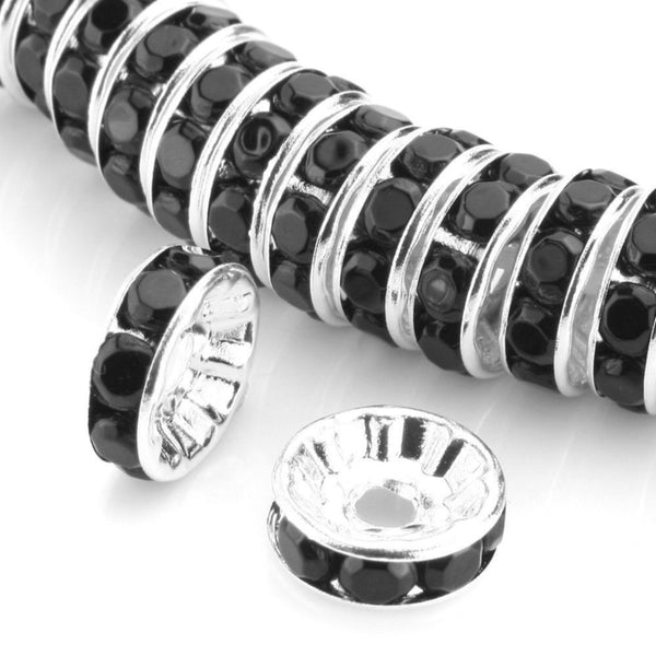 100pcs AAA Grade Rhinestone Rondelle Beads, Sterling Silver Plated Brass, Jet Black Rhinestone, Color Selections: 5mm/6mm/8mm/10mm/12mm
