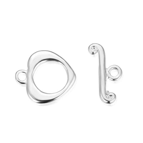 10 Sets Heart Toggle Clasp, T-Bar Closure, Sterling Silver Plated Brass, 16mm, CF22