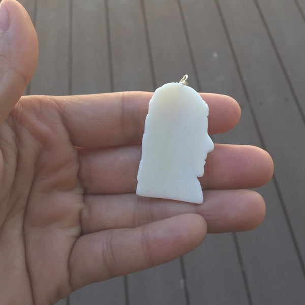 1pc Beautiful Indian Chief Hand Carved White Buffalo Bone Drop Pendant, Symbol of Strength Prosperity Pendant, with Sterling Silver Bail, 1.57 Inch, BP-63