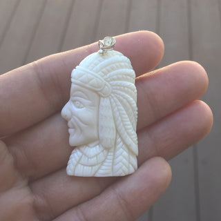 1pc Beautiful Indian Chief Hand Carved White Buffalo Bone Drop Pendant, Symbol of Strength Prosperity Pendant, with Sterling Silver Bail, 1.57 Inch, BP-63