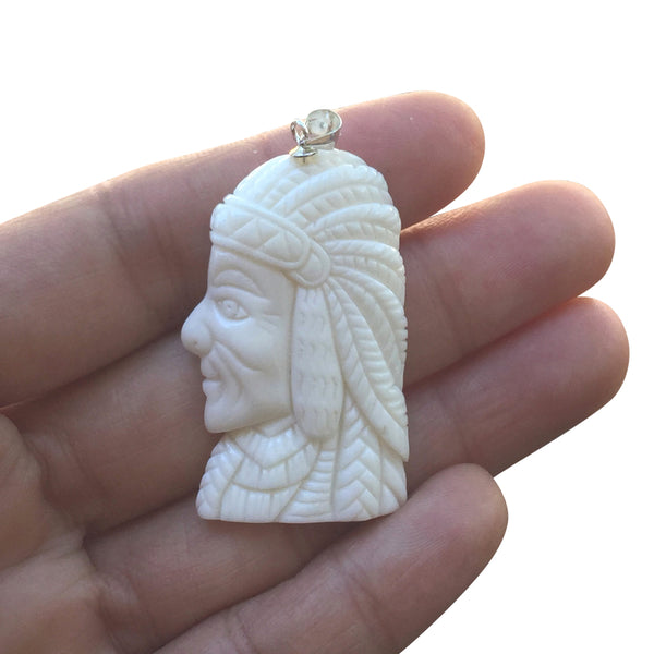1pc Beautiful Indian Chief Hand Carved White Buffalo Bone Drop Pendant, Symbol of Strength Prosperity Pendant, with Sterling Silver Bail, 1.57 Inch, BP-63