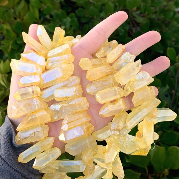 1 Strand Natural Raw Crystal Quartz Gemstone Beads, Large Drilled Stone Points, Topaz Yellow AB Titanium Coated Gem Stick, 15 Inch, GA-E11