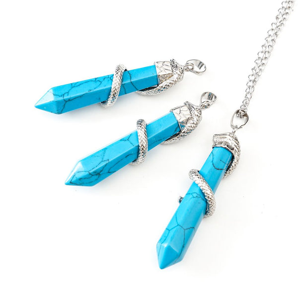 1pc Natural Blue Howlite Imitation Turquoise Hexagonal Pile Gemstone Pendant Necklace, 18 Inch Surgical Stainless Steel Chain, GGP-D6
