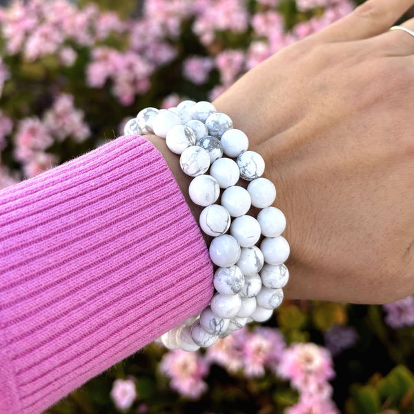 1 Strand Stretch Natural White Howlite Beaded Gemstone Bracelet, 8mm Bead, Length Selections: 7 inch/7.5 inch/8 inch/8.5 inch