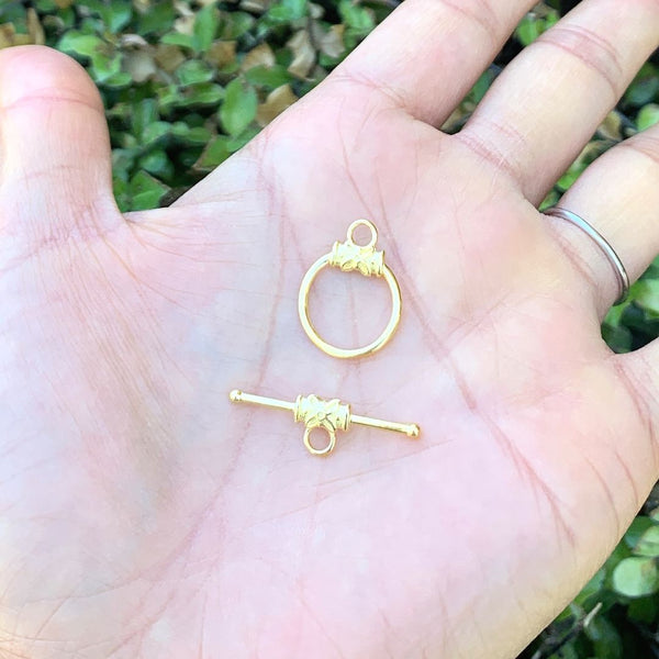 2 sets 925 Sterling Silver Flower Toggle Clasps, Real 18K Yellow Gold Plated, Size Selections: 9mm/12mm/15mm