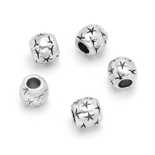 20pcs North Star Large Hole Round Beads, Hole ID 4.5mm, Antique Silver, Zinc Alloy Metal, MEC-F15