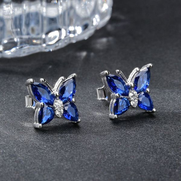 1 Pair 925 Sterling Silver September Birthstone Butterfly Stud Earrings, 10mm, Cubic Zirconia CZ Blue Sapphire Stone, SSE83-9