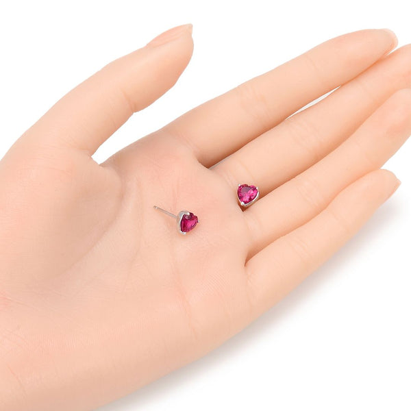 1 Pair 925 Sterling Silver July Love Heart Birthstone Stud Earrings, 6mm/0.84 Carat Cubic Zirconia CZ Red Ruby Stone, SSE79-7
