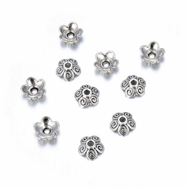 200pcs 5-Petal Flower Bead Caps, 10mm Bead End Caps, Antique Silver, MC-AB10