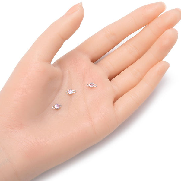 2pcs 925 Sterling Silver 4mm Tiny October Birthstone Links, Tarnish Resistant, Pink Tourmaline Cubic Zirconia Gemstone Connector, SXP6-10