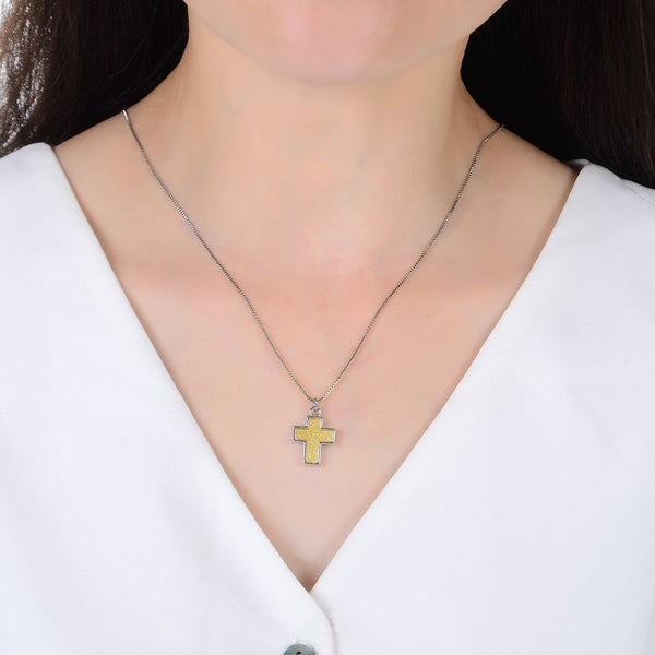 1pc Natural Druzy Crystal Pendant Necklace, Golden Champagne Cross Small Gemstone Pendant, 18 inch Stainless Steel Surgical Chain, GGP19-2