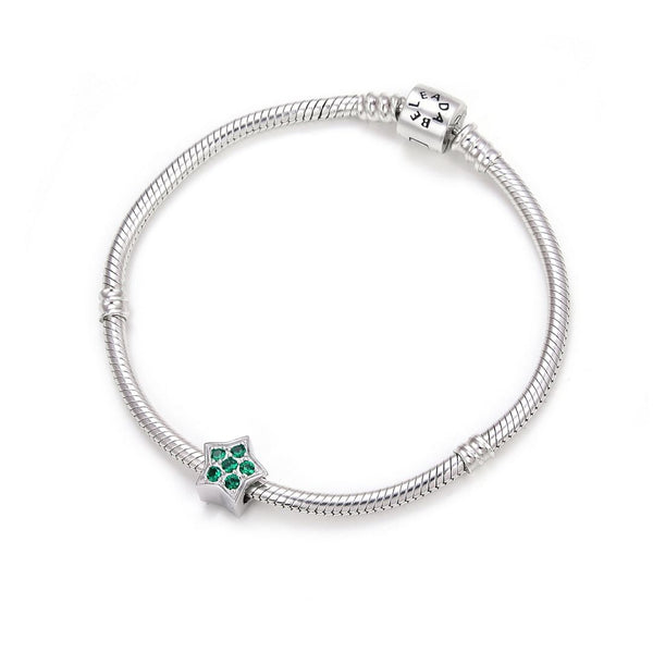 1pc 925 Sterling Silver Star Charm May Birthstone Bead Charm, Green Emerald Cubic Zirconia CZ, 10x9.5mm, Hole ID 4.5mm, EC1-K5