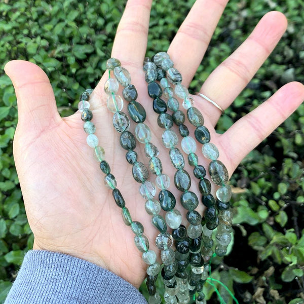 Natural Green Quartz Rutilated Gemstone Oval Tumbled Pebble Beads, Irregular, 6mm to 8mm, Hole ID 1mm, 15 Inch/1 Strand, GZ11-11