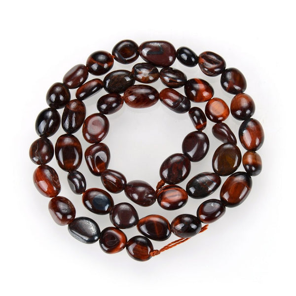 Natural Red Tiger Eye Gemstone Oval Tumbled Pebble Beads, Irregular, 6mm to 8mm, Hole ID 1mm, 15 Inch/1 Strand, GZ11-59
