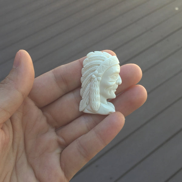 1pc Beautiful Indian Female Chief Hand Carved White Buffalo Bone Drop Pendant, Symbol of Strength Prosperity Pendant, with Sterling Silver Bail, 1.57 Inch, BP-65
