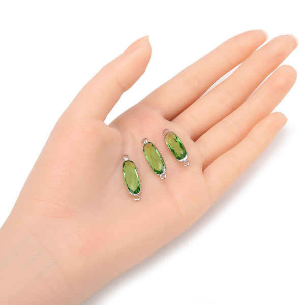 10pcs Grade A August Peridot Green Rectangle Bar Birthstone Links, Sterling Silver Plated Brass, 21x7mm, CCP9-S8