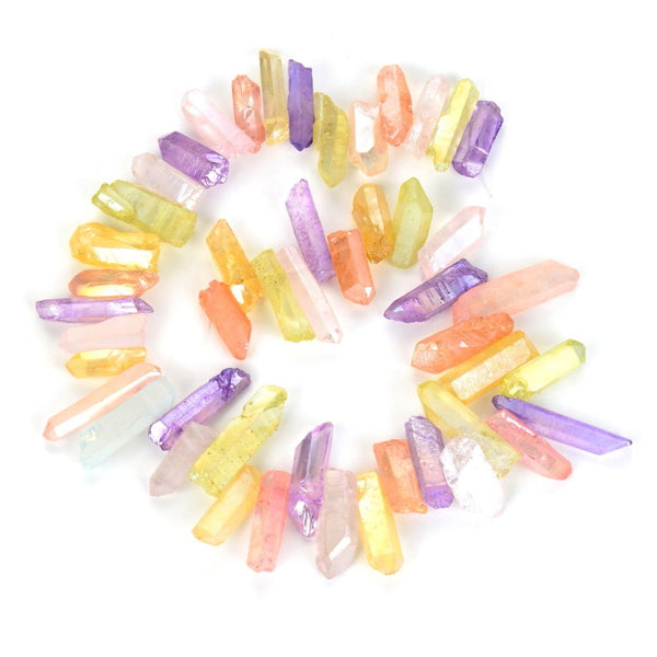 1 Strand Natural Raw Crystal Quartz Gemstone Beads, Medium Size Drilled Stone Points, Chakra Rainbow AB Titanium Coated Gem Stick, 15 Inch, GA-D6