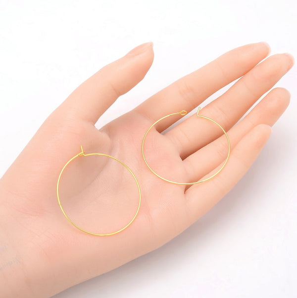 20pcs Tarnish Resistant Round Hoop Earring Findings, 18K Yellow Gold Plated Brass, 0.7mm/21 Gauge, Size Selections: 20/30/40/40/50mm