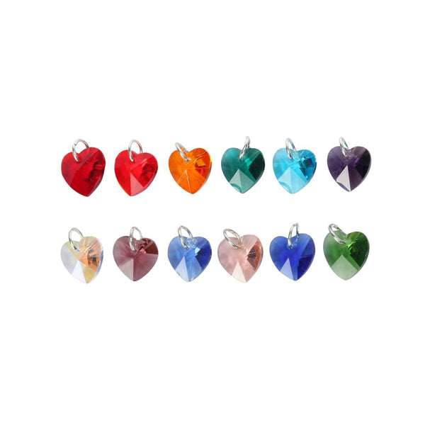 1 Set/12pcs Mixed Dangle Birthstone Charm Drops, 10mm Heart Crystal Beads, Sterling Silver Plated Open Jump Rings, BR15