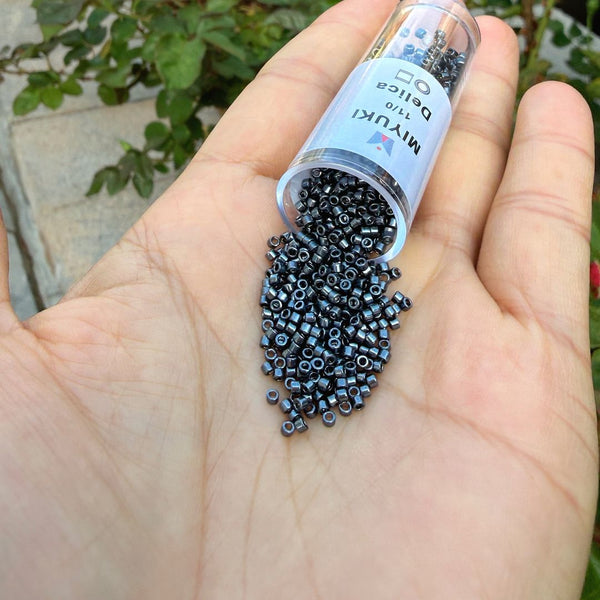 30g Miyuki Delica 11/0 Seed Beads, Opaque Nickel-Plated Dyed Gunmetal DB453