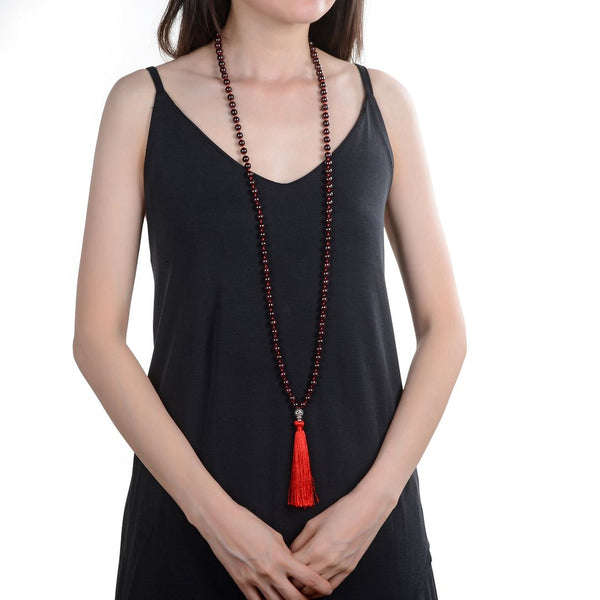 Adabele Premium 108 Mala Bead Red Tassel Necklace, 8mm Natural Garnet Gemstone, Tibetan Buddhist Japa Prayer Beaded Jewelry RGN8