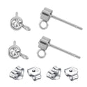 2 Pairs Sterling Silver Earring Posts, Closed Ring, 4pcs Earring Backs, Cubic Zirconia CZ , Tarnish Resistant Rhodium Plated, CZ Size Selections: 2/3/4/5mm