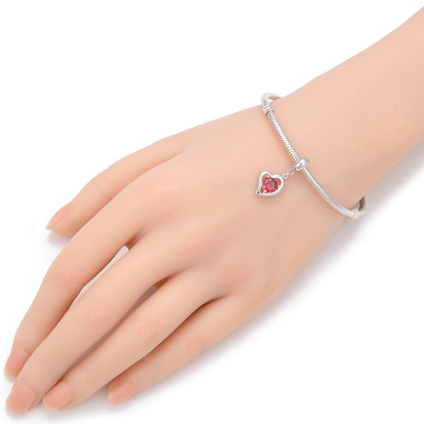 1pc 925 Sterling Silver Love Heart January Birthstone Charm Drop, Red Cubic Zirconia CZ, 26mm (1 inch) Long, Hole ID 4.5mm, EC1-E1