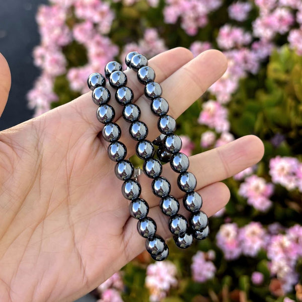 1 Strand Stretch Natural Black Hematite Beaded Gemstone Bracelet, 8mm Bead, Length Selections: 7 inch/7.5 inch/8 inch/8.5 inch