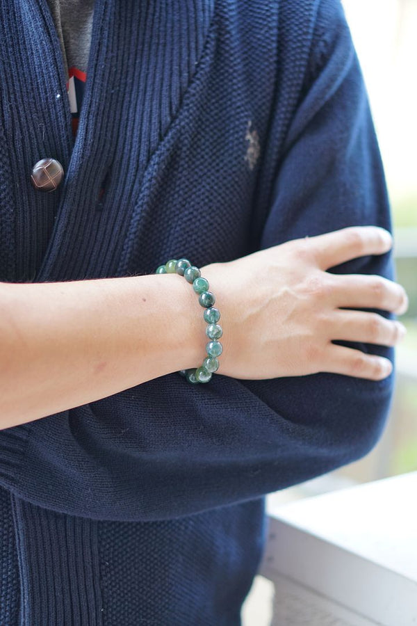 1 Strand Stretch Natural Moss Agate Beaded Gemstone Bracelet, 10mm Bead, Length Selections: 7 inch/7.5 inch/8 inch/8.5 inch