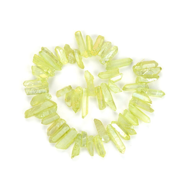 1 Strand Natural Raw Crystal Quartz Gemstone Beads, Medium Size Drilled Stone Points, Peridot Green AB Titanium Coated Gem Stick, 15 Inch, GA-D10