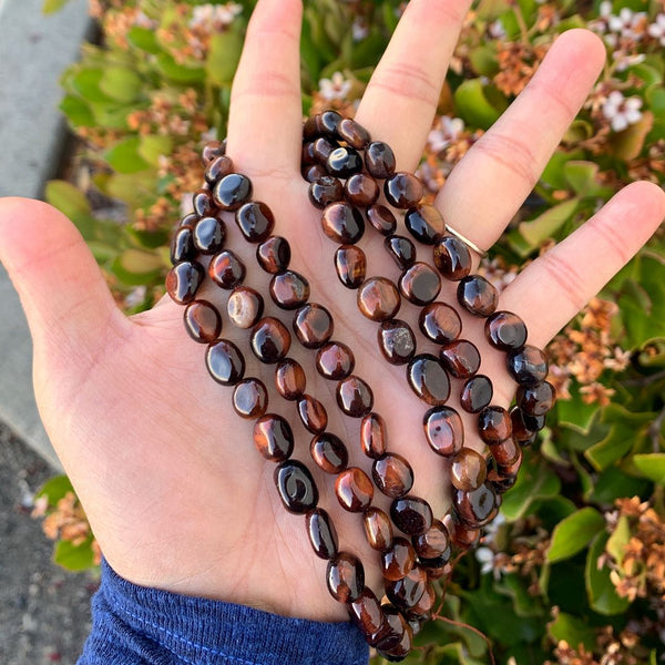 Natural Red Tiger Eye Gemstone Oval Tumbled Pebble Beads, Irregular, 8mm to 10mm, Hole ID 1mm, 15 Inch/1 Strand, GZ12-59