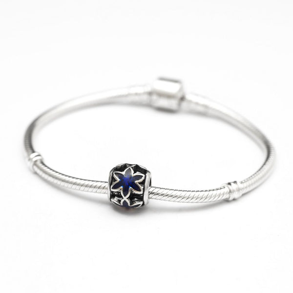 1pc Solid 925 Sterling Silver Sapphire Blue Star Flower Charm Bead, Compatible with Pandora All Other Charm Bracelet, EC 472