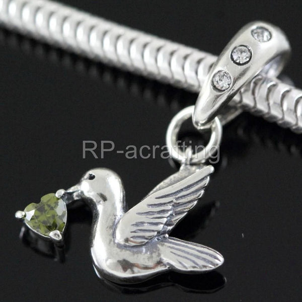 1pc 925 Sterling Silver Bird Charm, Freedom Lover August Birthstone Charm Drop, Green Peridot Cubic Zirconia CZ, 20mm Long, Hole ID 4.5mm, EC1-D8