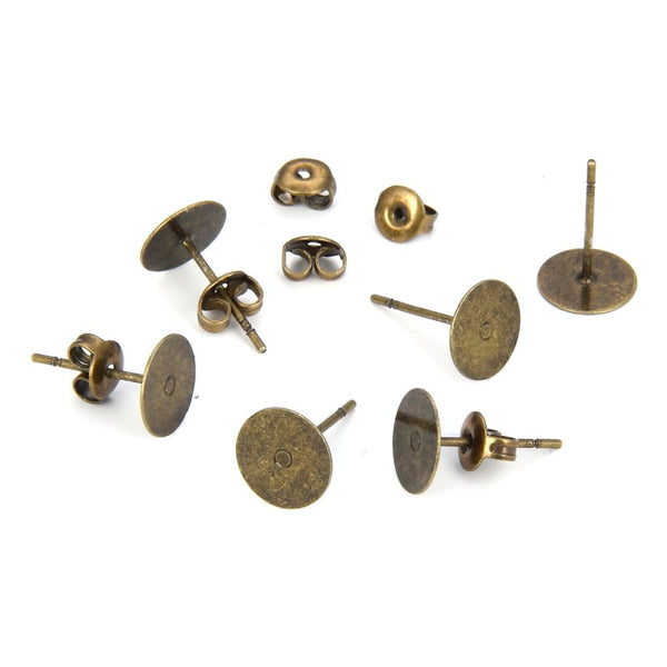 100pcs Earring Posts Glue On Settings, with 40pcs Earring Backs, Antique Bronze Plated Brass, Flat Board Size Selections: 3mm/4mm/6mm/8mm
