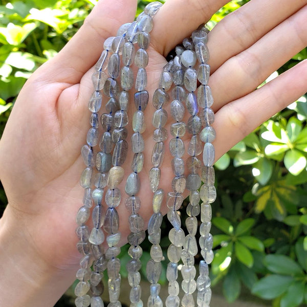 Natural Grade A Blue Flash Labradorite Gemstone Oval Tumbled Pebble Beads, Irregular, 6mm to 8mm, Hole ID 1mm, 15 Inch/1 Strand, GZ11-17