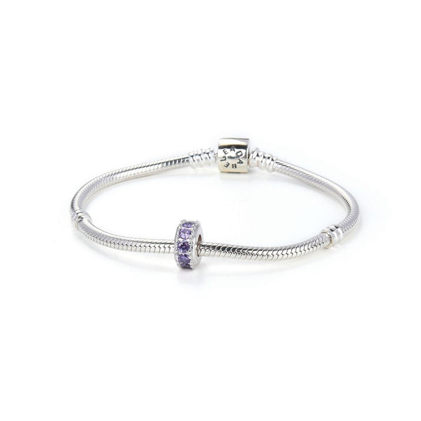 1pc 925 Sterling Silver February Birthstone Bead Charm, Purple Amethyst Cubic Zirconia CZ, 9.5x5mm, Hole ID 4.5mm, EC1-C2