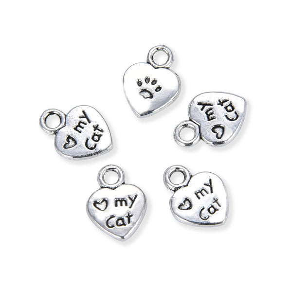 50pcs Love My Cat Heart Charms, 11.7mm Small Double Sided Heart Drop Pendants, Antique Silver, MC-D1