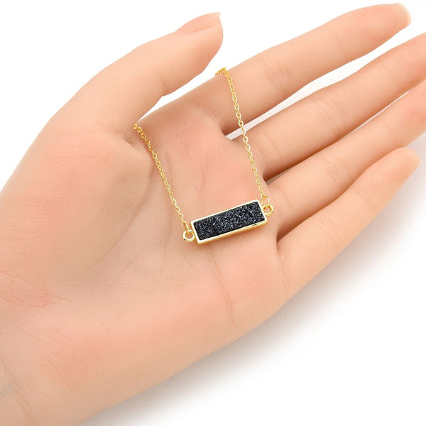 1pc Natural Druzy Crystal Pendant Necklace, Hematite Black Bar Gemstone Pendant, 18 inch Gold Plated Stainless Steel Chain, GGP24-4
