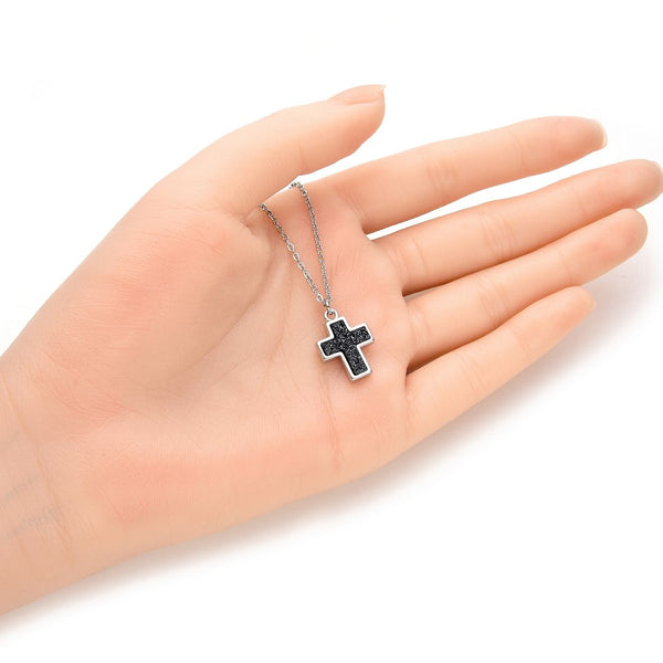 1pc Natural Druzy Crystal Pendant Necklace, Hematite Black Cross Small Gemstone Pendant, 18 inch Stainless Steel Surgical Chain, GGP19-4